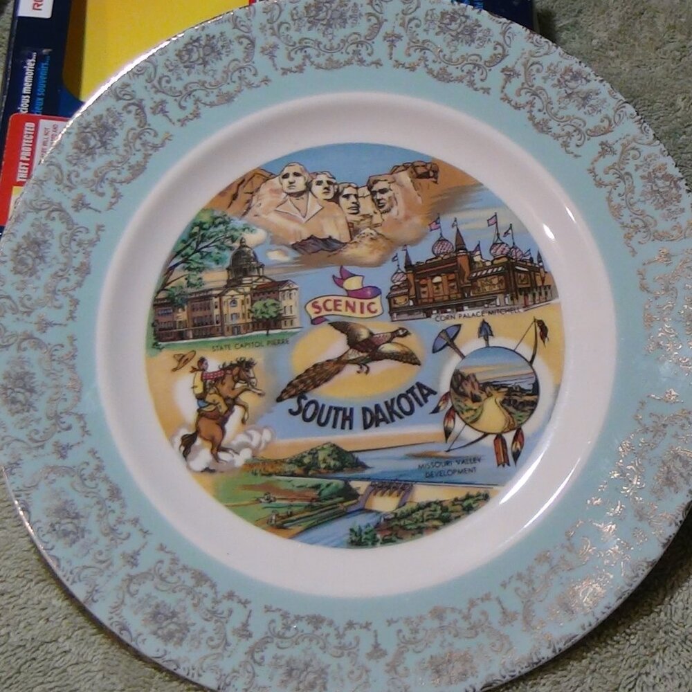 Vintage 9.25” Homer Laughlin South Dakota Collectors Plate Blue Gold